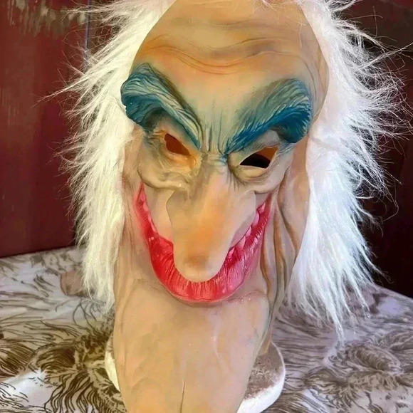 Vintage Halloween Mask Old Man Hag Witch With White Hair Hood Latex Costume 70s - Picture 2 of 9
